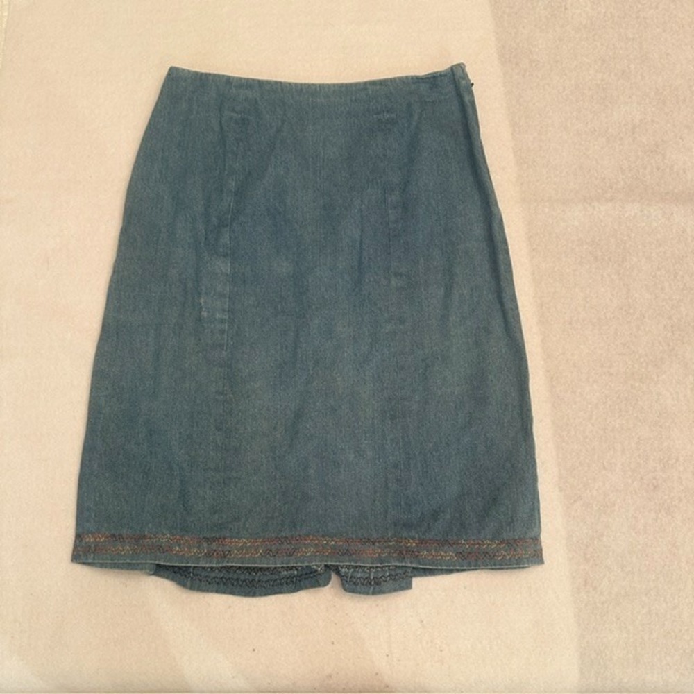 Vintage Denim Skirt Blue Embroidered Multicolor Hem A Line Cotton Medium Casual